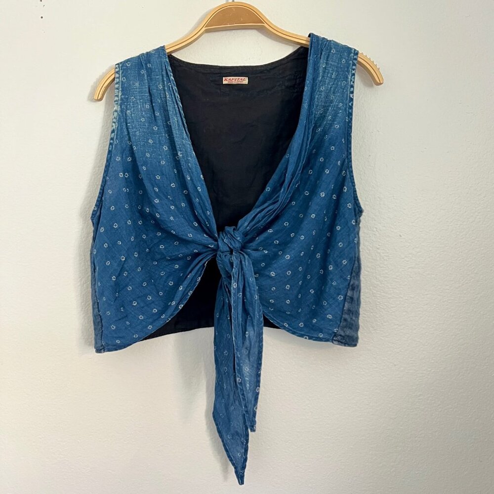 RARE KAPITAL Denim Patchwork Tie Front Sleeveless Crop